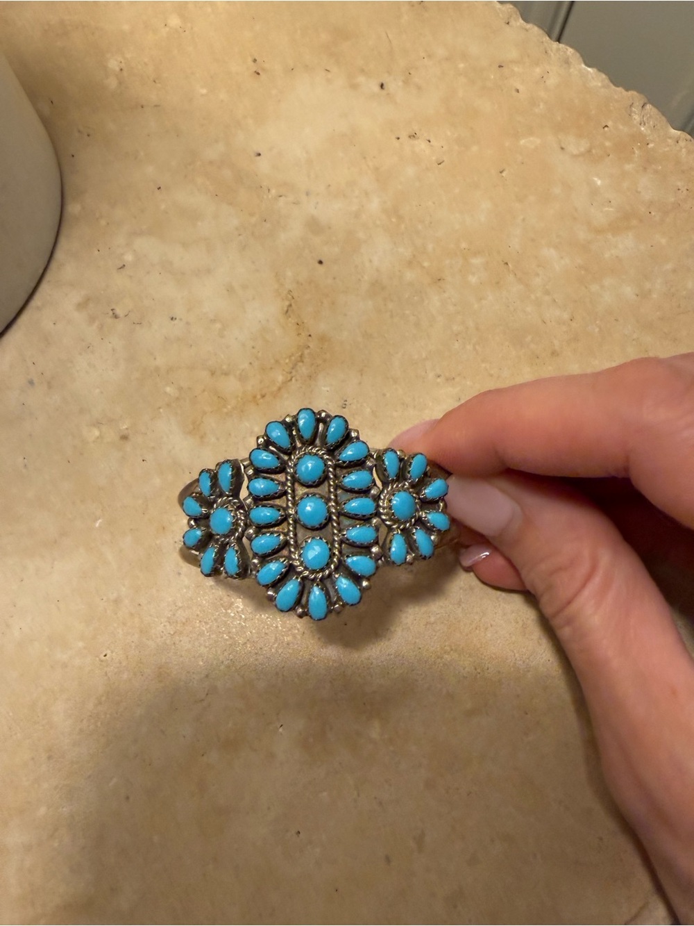Turquoise Inlay Cluster Statement Cuff Bracelet - Sterling